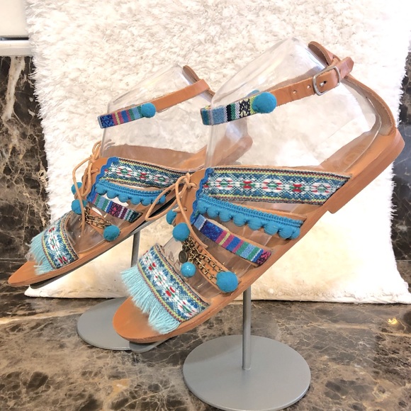 Embellished Greek Leather POMPOM Sandals-Sz 39/8.5 - Picture 4 of 7